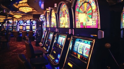 Vibrant slot machines are arranged in the lively casino, inviting players to test their luck and fortune