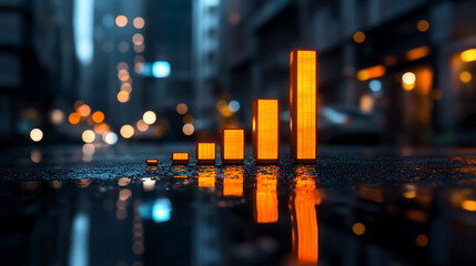 A neon glowing bar graph rises on a dark reflective surface symbolizing growth progress innovation and success in technology business and finance conveying futuristic and dynamic advancement