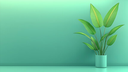 Green plant in teal pot against mint wall.  Background Empty space. Use Minimalist design