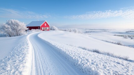 Snowy Winter Landscape with Red House. Winding Road. Peaceful Scenery. Suitable for greeting cards, wallpapers, or travel brochures