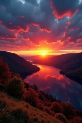 Fototapeta premium Autumn sunset over Burrator Reservoir, Dartmoor Dramatic sky, vibrant colours , Devon, vista