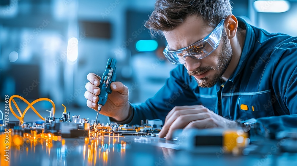 Poster skilled-technician-working-intently-on-electronic-circuit-with-precision-tools-in-well-equipped-labo