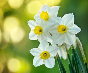 Fototapeta premium Close-up of white narcissus flowers in spring garden. Beautiful daffodils against green bokeh background. There is place for text.