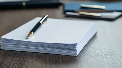 Blank notepad with pen on wooden desk for business and writing concepts, background with office accessories