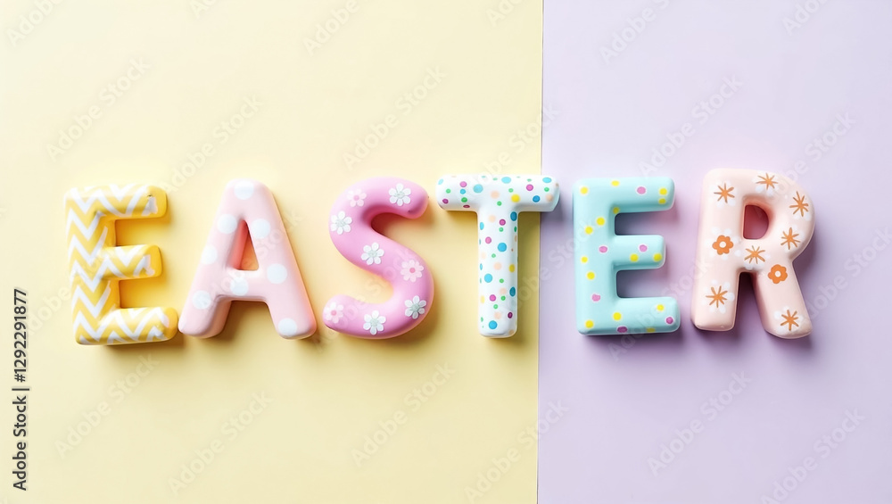 Poster decorative letters spelling out easter are arranged on a soft pastel background creating a vibrant f