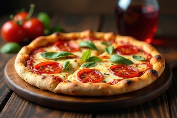 Crispy crust pizza, rich red wine, warm wood grain, tasty pizza, food
