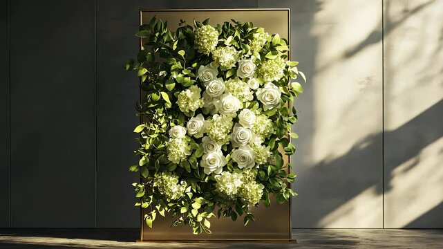 White flowers and gold frame. Bouquet of white flowers in a frame. A wall glares with a light. White blossoms and a golden lifestyle border.