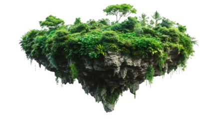 Verdant landscape surrounding floating landmass, transparent backdrop revealing lush greenery creating dreamlike tropical scenery