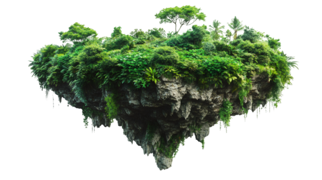 Verdant landscape surrounding floating landmass, transparent backdrop revealing lush greenery creating dreamlike tropical scenery
