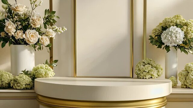 White flowers and gold frame. Bouquet of white flowers in a frame. A wall glares with a light. White blossoms and a lifestyle golden border.