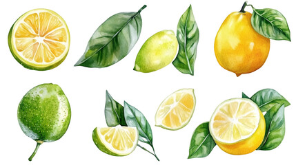 Watercolor depicting fresh lemons and limes, displaying whole, halved, and sliced citrus fruits with verdant leaves on translucent surface