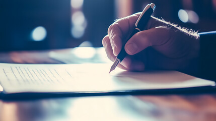 Close-up of hand signing a document with fountain pen in atmospheric lighting, capturing a moment of agreement, legal commitment or professional correspondence.