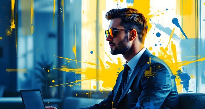 Stylish entrepreneur working on a laptop. Modern art background featuring yellow and blue hues adds flair to the professional setting.