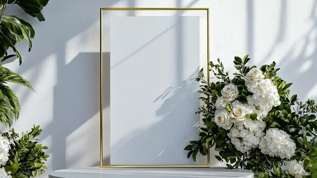 White flowers and gold frame. Bouquet of white flowers in a frame. A wall glares with a light. White blossoms and lifestyle a golden border.