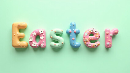 Naklejka premium Colorful letters spell Easter with various decorative designs and candy details, set against a soft green background. The vibrant colors create a festive atmosphere, perfect for seasonal promotions