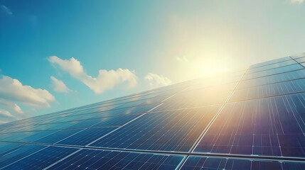 Vibrant Summer Landscape of Solar Panels in a Rural Field Under a Blue Sky