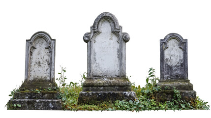 Weathered cemetery headstones covered in moss, casting somber shadows against transparent background, conveying haunting graveyard ambiance