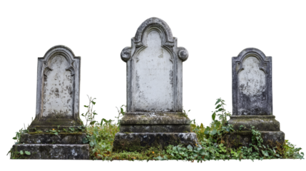 Weathered cemetery headstones covered in moss, casting somber shadows against transparent background, conveying haunting graveyard ambiance