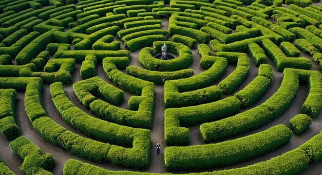 Aerial view of a labyrinth garden with intricate hedge designs and pathways