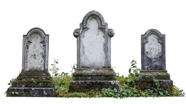 Weathered cemetery headstones covered in moss, casting somber shadows against transparent background, conveying haunting graveyard ambiance