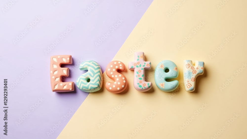 Poster colorful letters spelling easter are neatly arranged on a pastel background. the letters feature var