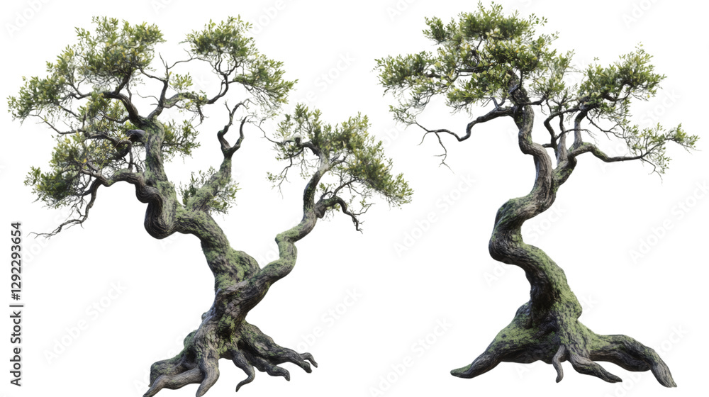 Aufkleber Two olive trees with twisted trunks and lush foliage are isolated on a transparent background, ready for compositing into any design