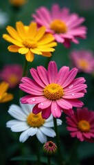 Obraz premium Close-up view of colorful daisies with glistening raindrops , closeup, floral, detail