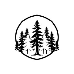Obraz premium Black-and-white pine tree silhouette forest scene within a simple shield-shaped frame on white background.