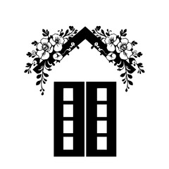 Black and white floral house silhouette, with doors and flowers.