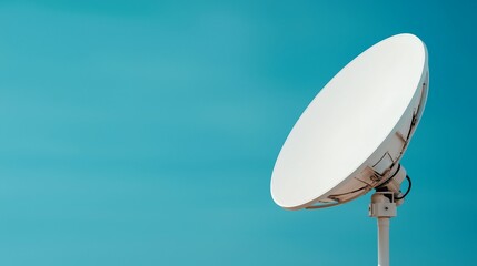 A white satellite dish is on a pole