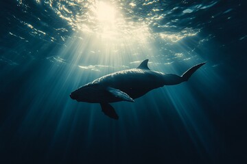 Naklejka premium Whale swims under bright sunlit ocean surface, dark depths behind. Stock image