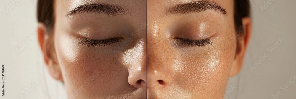 Aufkleber close up view of a womans face showcasing skin texture differences in a medical aesthetic presentati