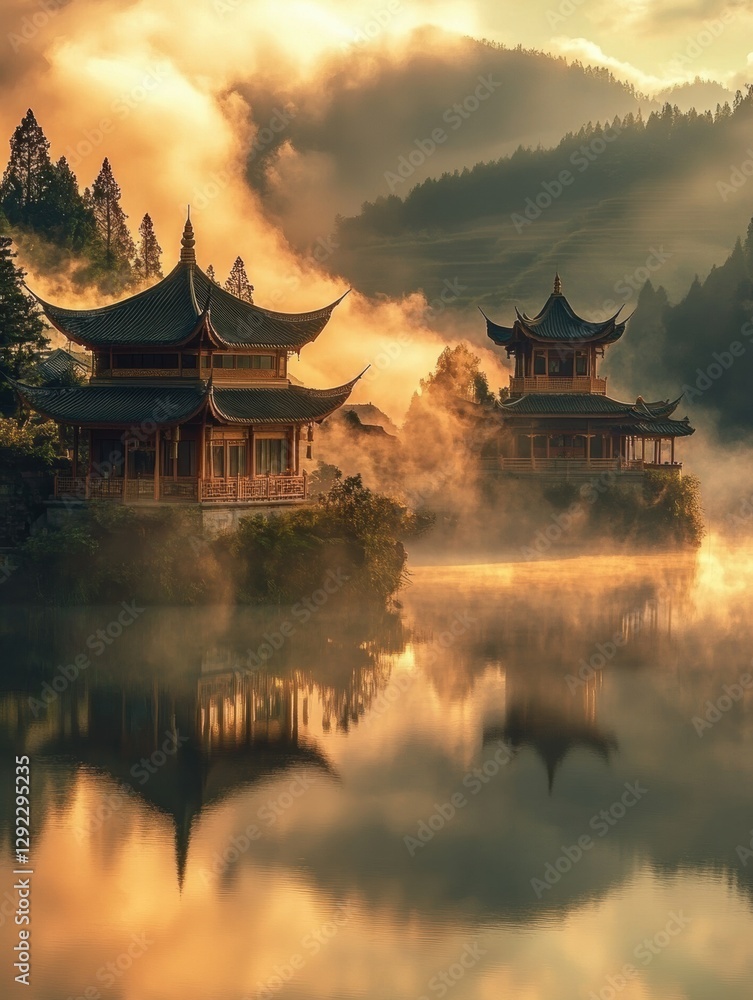 Poster Serene reflection of traditional architecture in misty landscape during golden hour in a tranquil setting. Generative AI