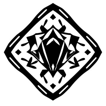 Geometric Black and White Abstract Insect Composition with Detailed Diamond-Shaped Border on White Background.
