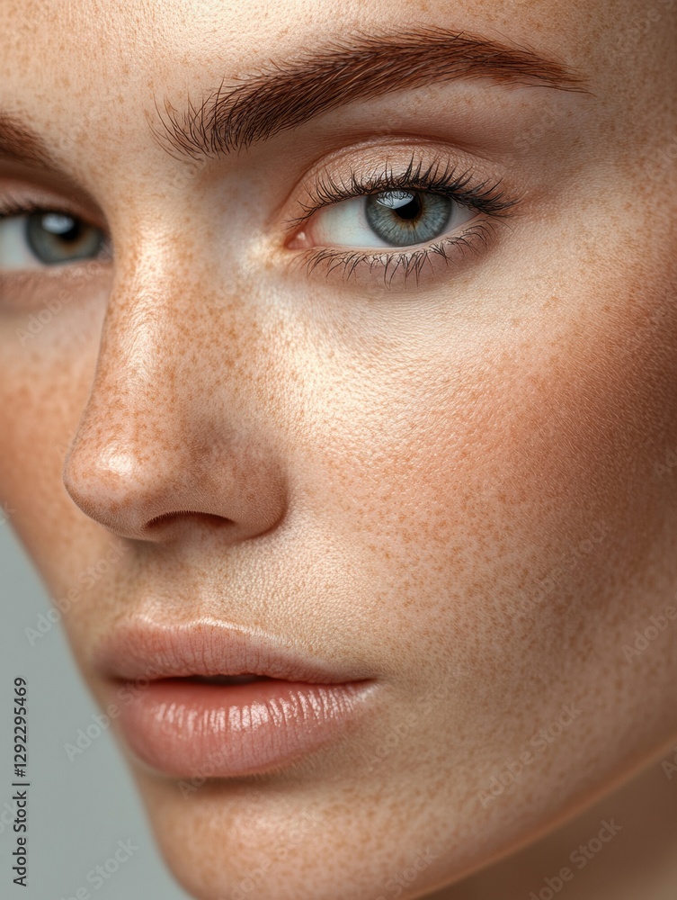 Poster close up of a womans face highlighting contrast between smooth skin and drawn lines in a medical aes