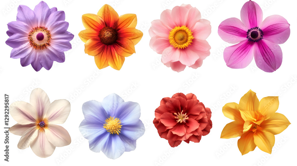 Poster eight colorful flowers of different types are displayed on a transparent background, creating a vibr