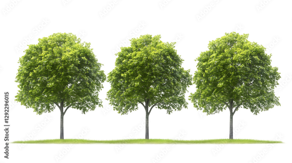 Poster green trees rising on grassy terrain, transparent backdrop enabling seamless graphic design integrat