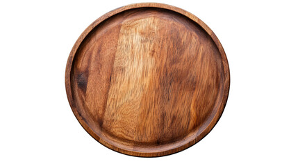 Empty round wooden plate featuring a rich brown texture, isolated on a transparent background, viewed from the top