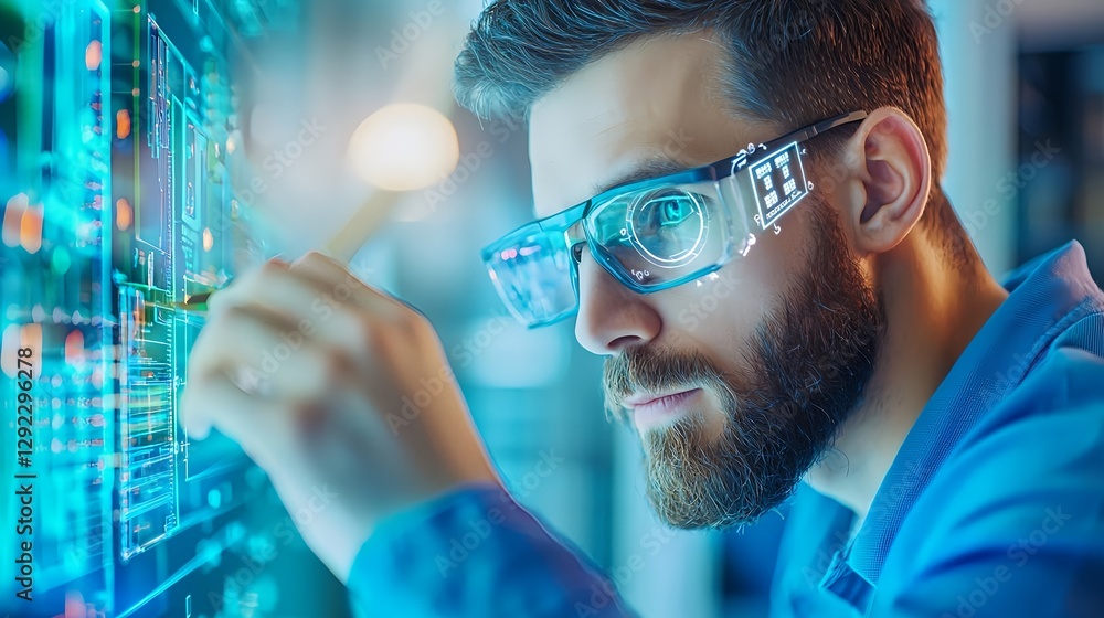 Poster young-male-engineer-using-augmented-reality-glasses-to-analyze-digital-data-on-futuristic-interface-