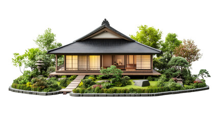 Obraz premium 3D-rendered Japanese dwelling featuring glowing interior, nestled within serene zen garden landscape against transparent backdrop