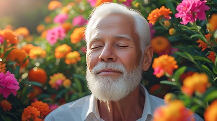 Obraz premium Serene elderly man with white beard enjoying nature, eyes closed, surrounded by vibrant orange and pink flowers in a sunlit garden. Peaceful expression of relaxation and happiness.