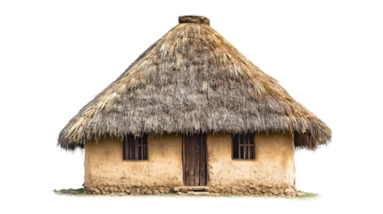 Small traditional african house made of mud and with a thatched roof, isolated on transparent background, perfect for image editing and compositing
