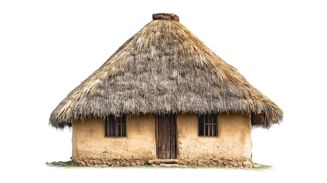Small traditional african house made of mud and with a thatched roof, isolated on transparent background, perfect for image editing and compositing
