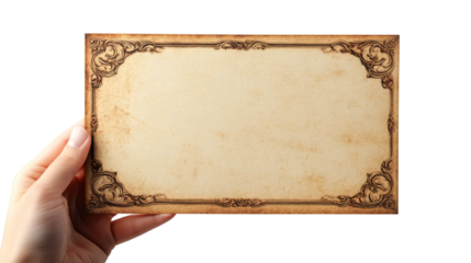 Woman holding an old blank paper with vintage frame, isolated on transparent background, ideal for inserting text or images