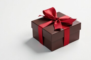 Obraz premium Luxury chocolate gift box with a graceful ribbon bow, pristine white backdrop , white background, presents