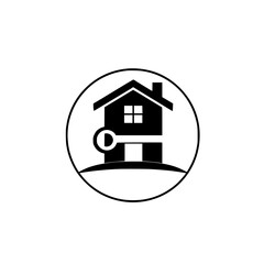 Black and white house logo, with the key and house, a circle, and a background.