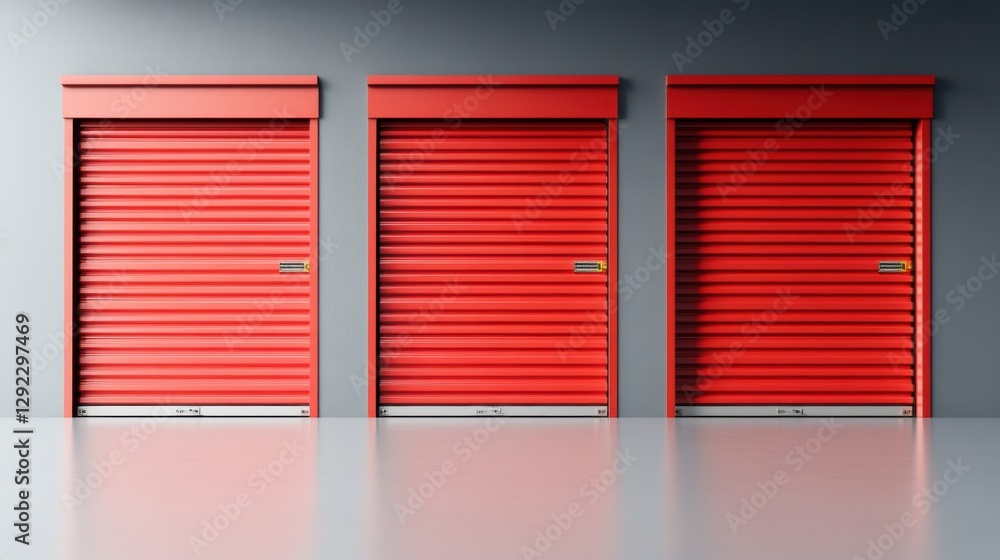 Poster red storage units with rolling doors in a modern setting for home and business use