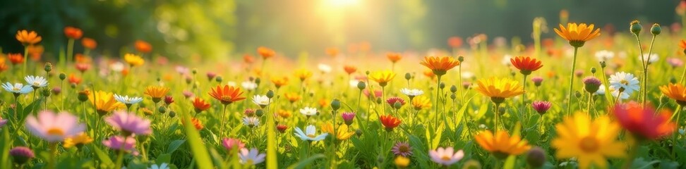 Vibrant wildflowers carpet sun-drenched field , petals, field, colorful