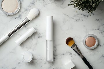 Makeup products displayed on a marble surface with beauty tools and cosmetics, ideal for beauty-themed flat lay compositions
