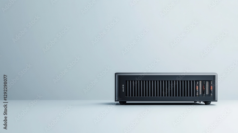 Poster modern sleek audio amplifier on minimalistic background showcasing design and functionality for audi